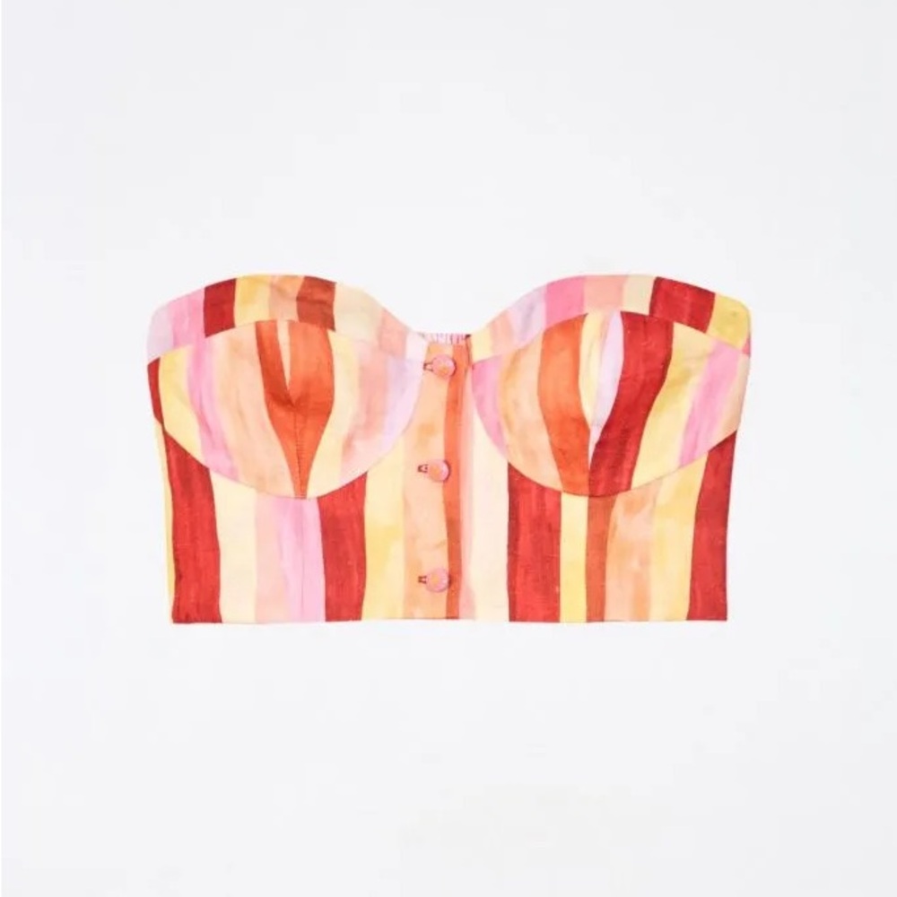 FARM RIO Sunny Stripes Corset Strapless Top 100% linen in Multicolor Stripes